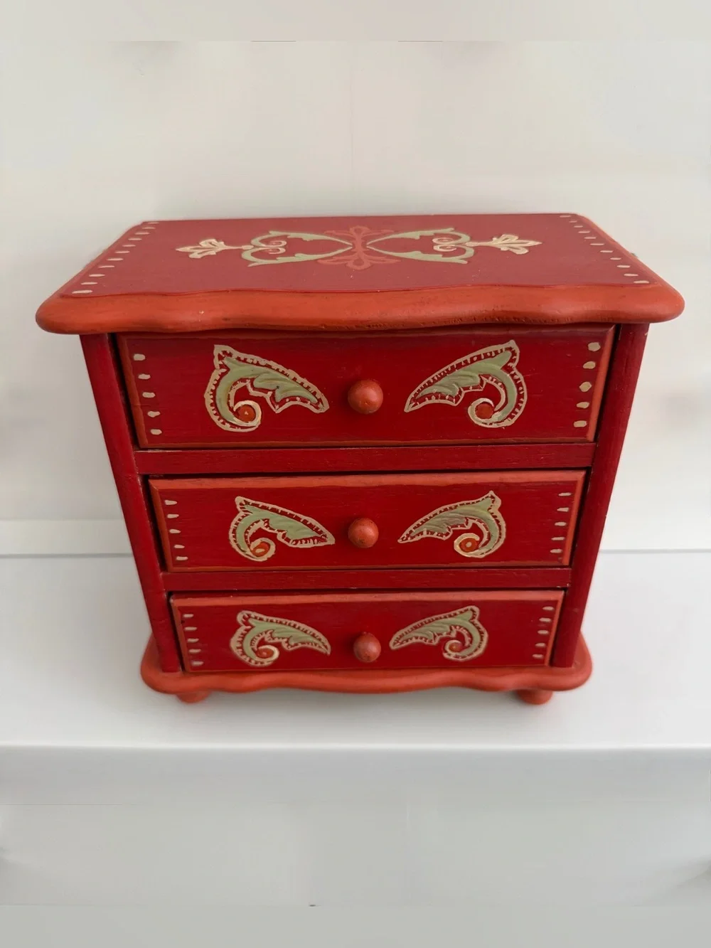 Vintage 3 Drawer Musical Jewelry Box Mini Chest orange Wooden Hand Painted 70s
